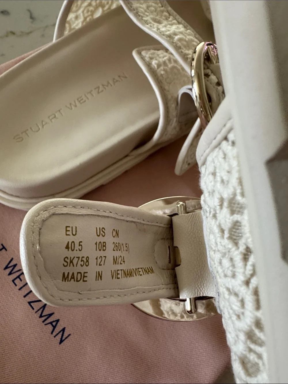 Stuart Weitzman Cream Lace Double-Buckle Slide Sandals 10